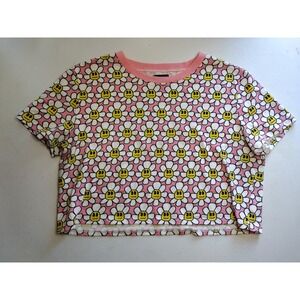ALaB Womens Pink Happy Flower Face Crop Top T Shirt Size L